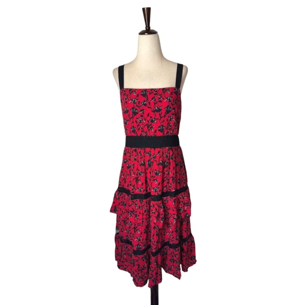 Adelyn Rae Dress Women XS Red Floral Tiered Ruffle Isabel Midi Boho Party Summer